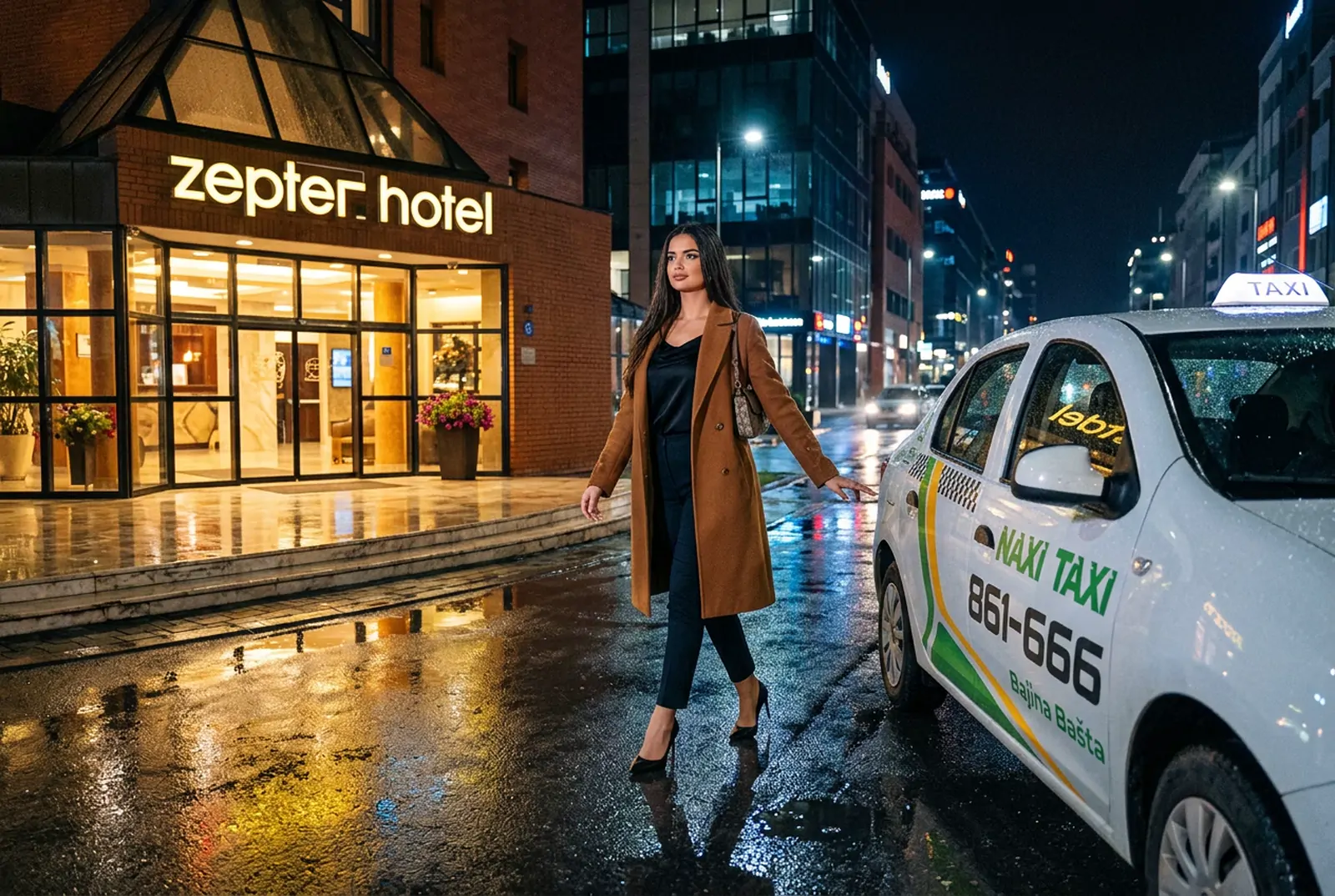 Putnica pored Naxi Taxi vozila u gradu